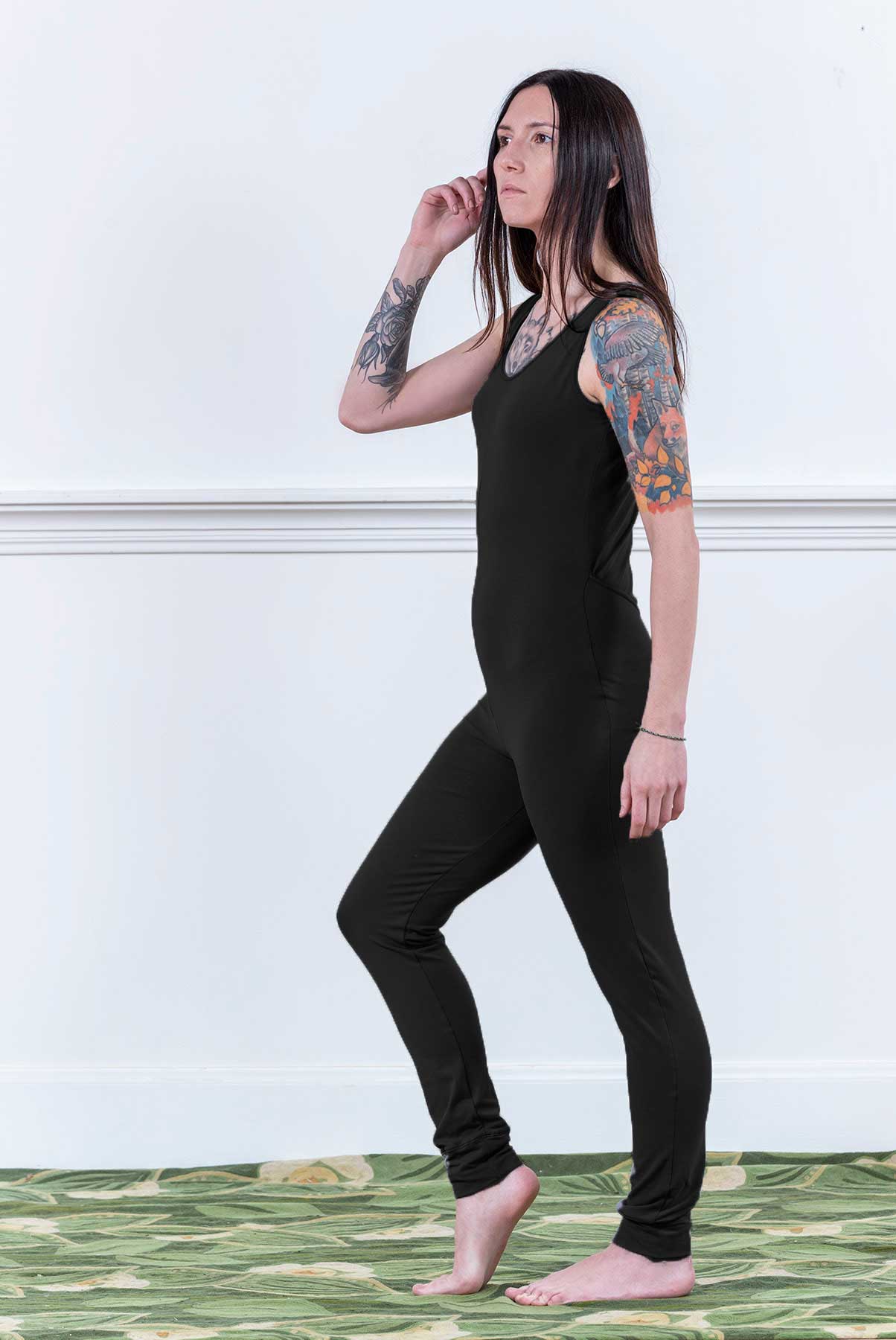 Black Sleeveless Mod Union Suit On Model