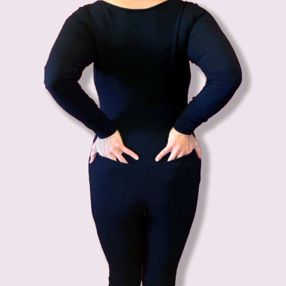 Black Long Sleeved Soy Modal Mod Union Suit On Model
